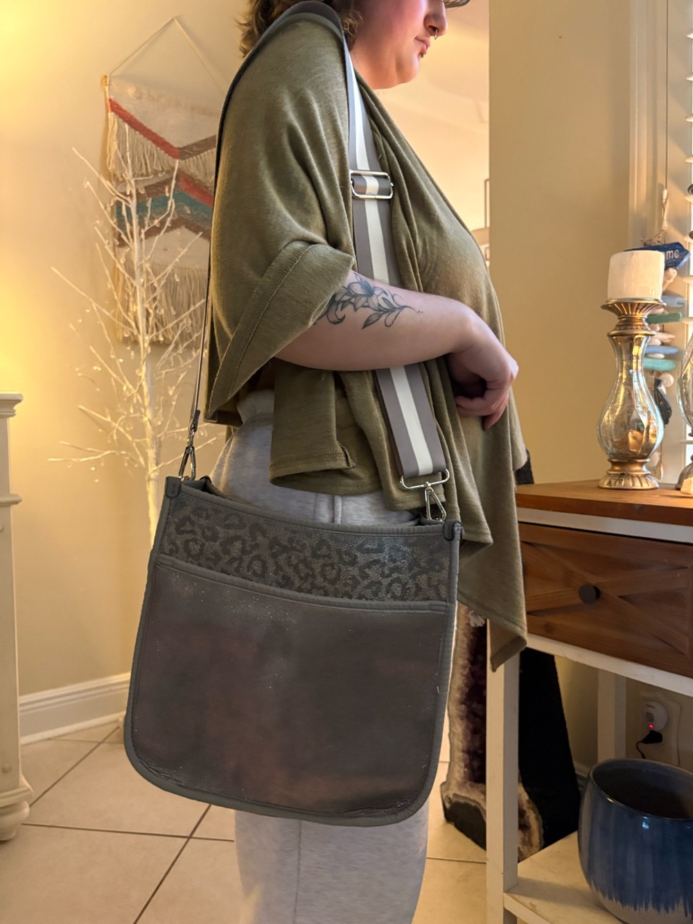 Silver Glitter Crossbody Bag with Stripe Adjustable Strap